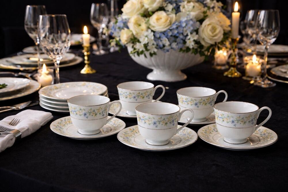 Crown Ming Jian Shiang Fine China Tea Cups & Saucers 13 Pc Tea Set